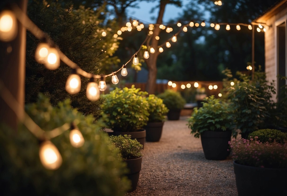 A backyard garden adorned with affordable outdoor string lights, creating a warm and romantic ambiance for a wedding celebration