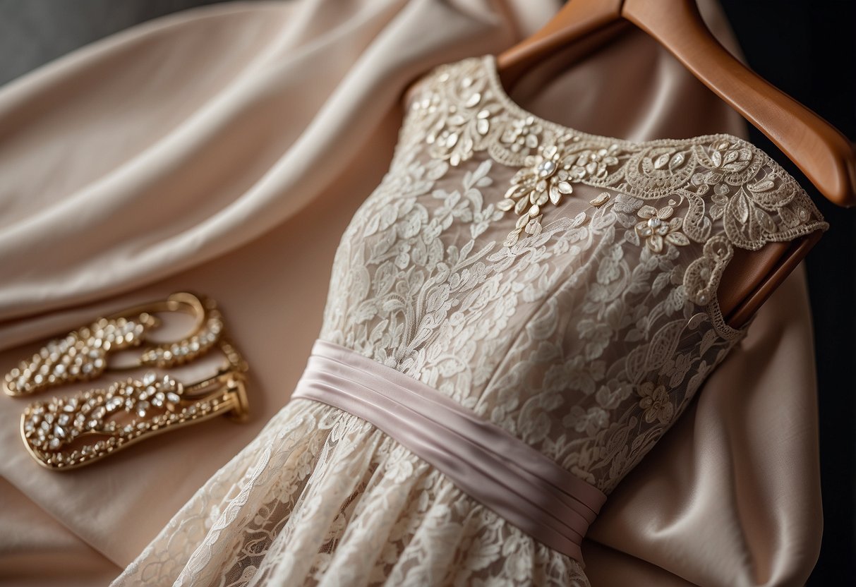 A chic lace cocktail dress hangs on a hanger, surrounded by elegant accessories like a clutch and heels, ready for a wedding guest to wear