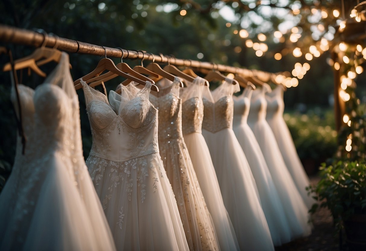 A rack of secondhand wedding dresses displayed in a lush garden setting, with twinkling fairy lights and rustic decor, offering affordable outdoor wedding ideas