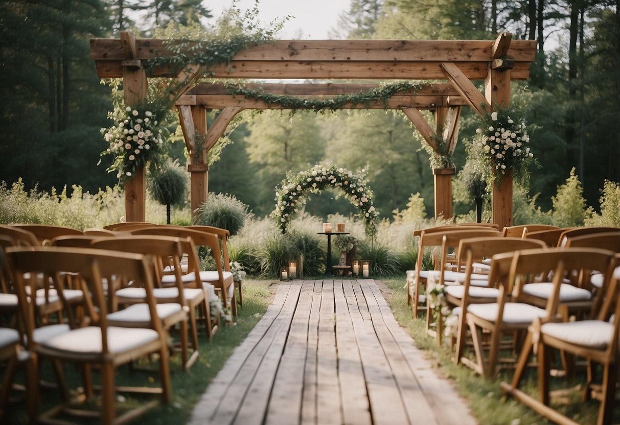 A rustic outdoor wedding venue with recycled wood arches and natural decor