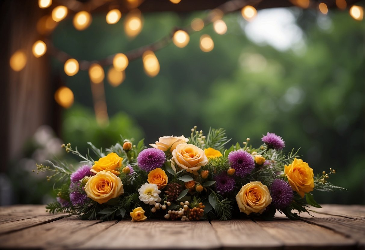 A rustic wooden table adorned with colorful seasonal floral arrangements, set against a backdrop of lush greenery and twinkling string lights