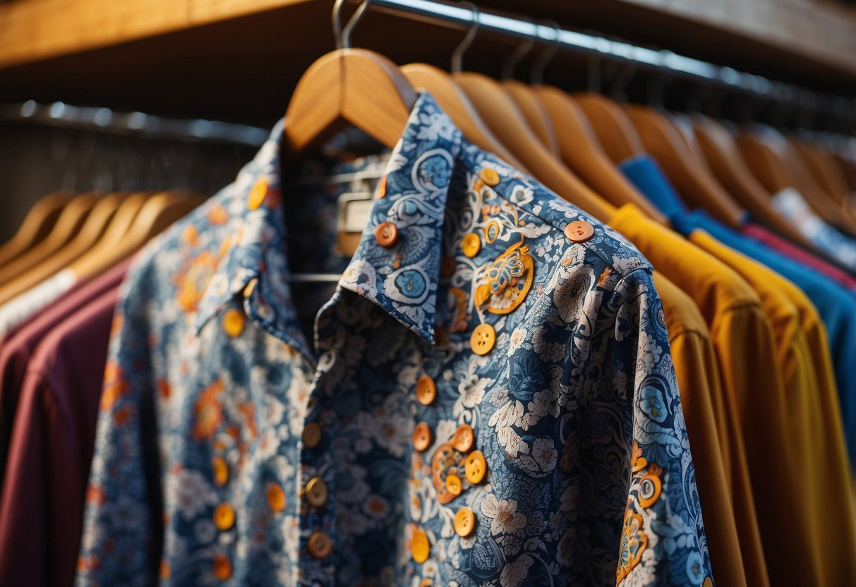 A patterned button-up shirt hangs on a wooden hanger, surrounded by other clothing items. The shirt features a mix of vibrant colors and intricate patterns, perfect for a stylish wedding guest outfit