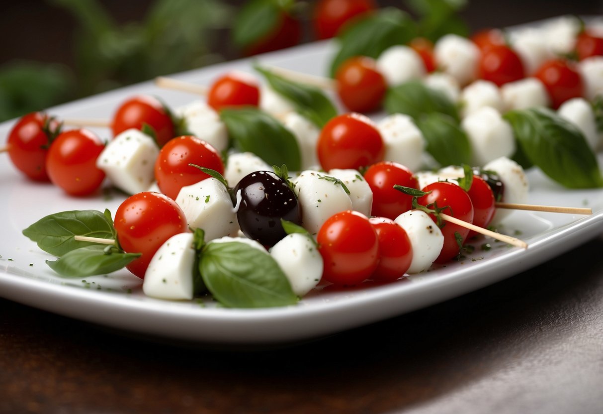 A platter of Caprese skewers, with cherry tomatoes, mozzarella, basil, and balsamic glaze, arranged elegantly on a white serving dish