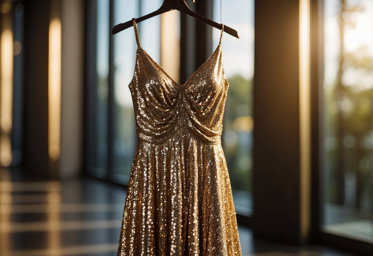 A sparkling sequin dress hangs on a golden hanger, catching the light and shimmering with every movement. It exudes elegance and glamour, perfect for a wedding guest outfit