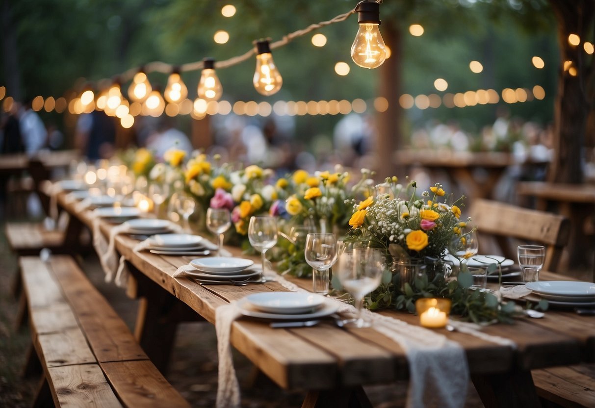 A rustic outdoor wedding setting with locally-sourced catering displayed on wooden tables, surrounded by wildflowers and twinkling string lights