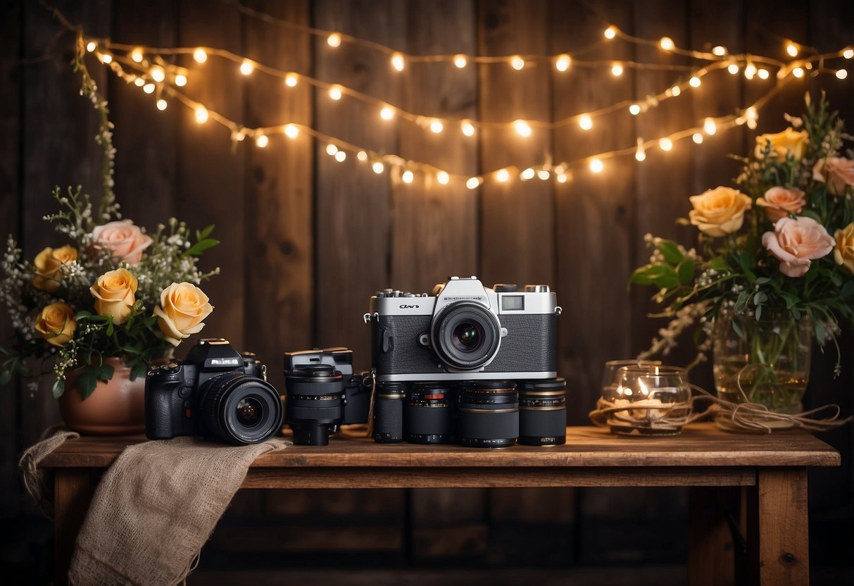 A rustic wooden backdrop adorned with fairy lights, vintage frames, and floral garlands. A table with props like hats, glasses, and signs. A camera on a tripod with a remote shutter