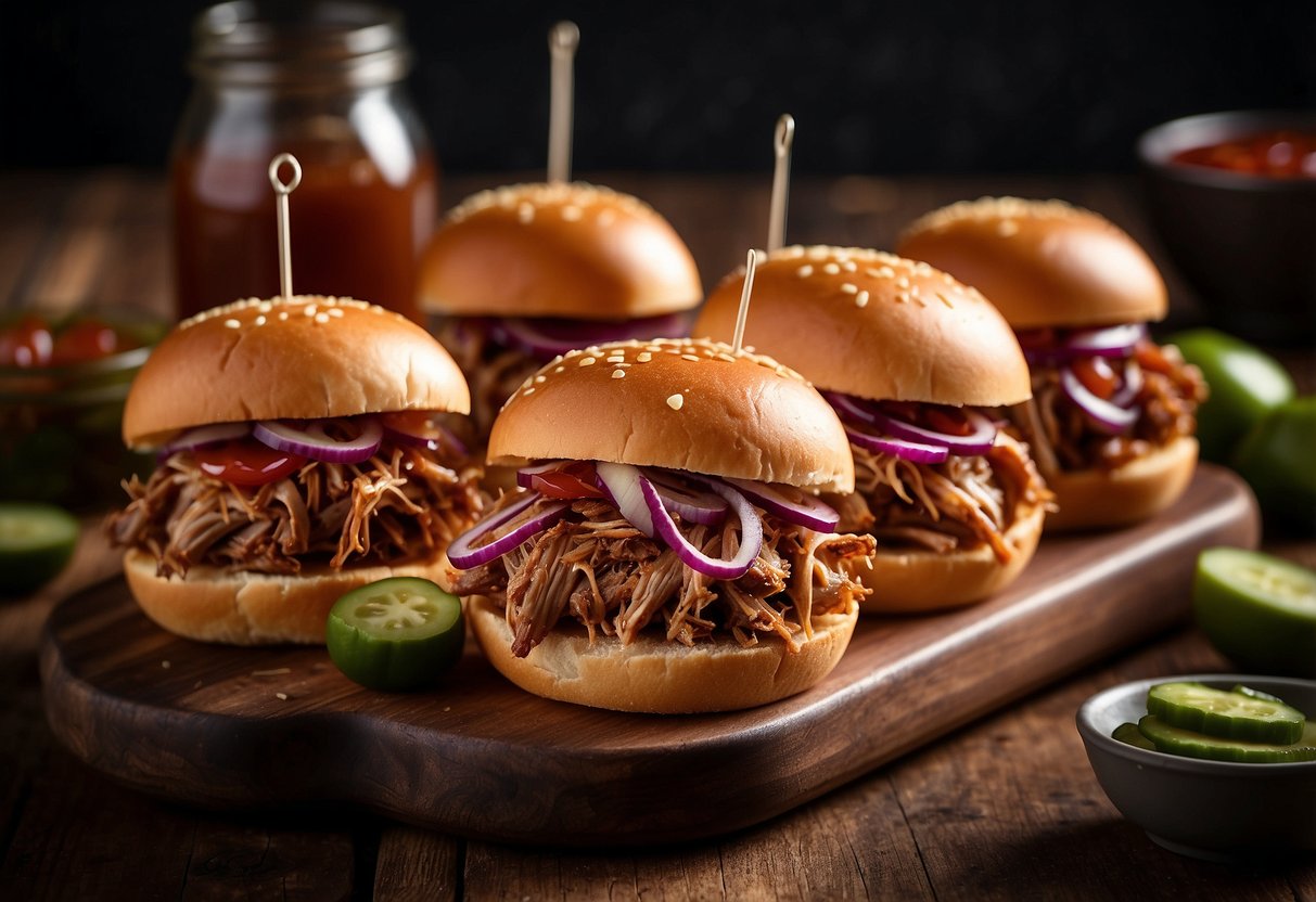 A platter of pulled pork sliders arranged on a rustic wooden board, surrounded by small jars of tangy barbecue sauce and pickles