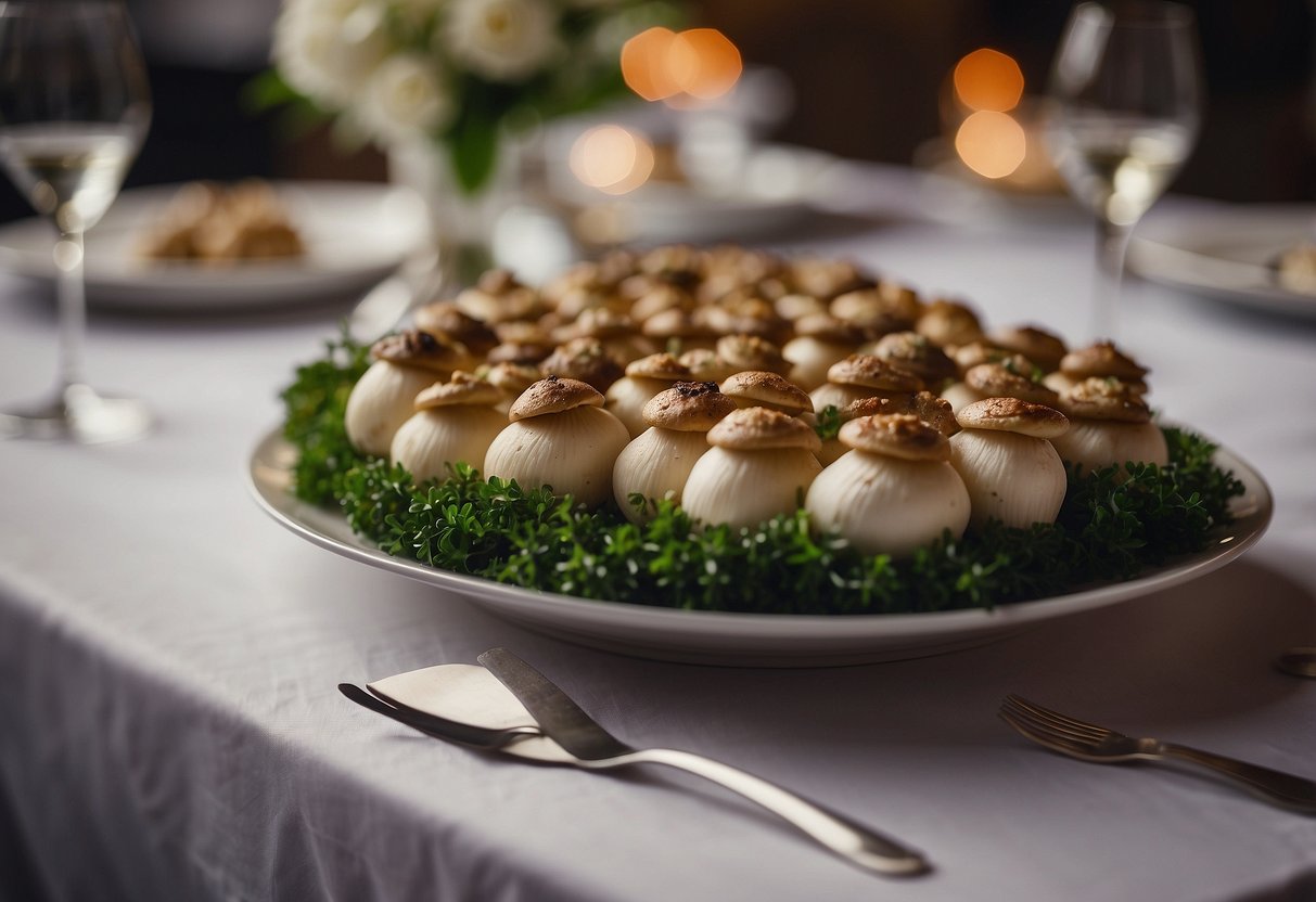 A platter of stuffed mushrooms surrounded by elegant table settings at a wedding reception