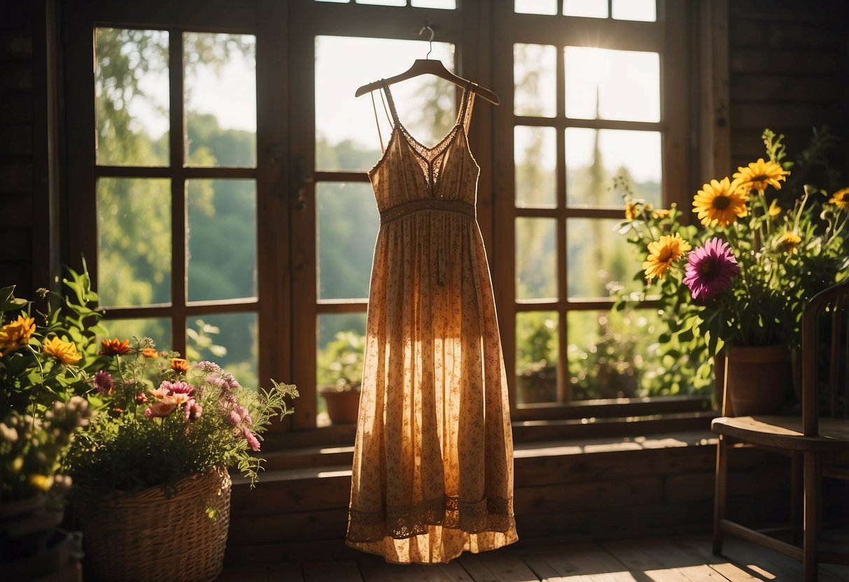 A colorful bohemian maxi dress hangs on a rustic wooden hanger, surrounded by vibrant flowers and greenery. Sunshine filters through a nearby window, casting a warm glow on the fabric