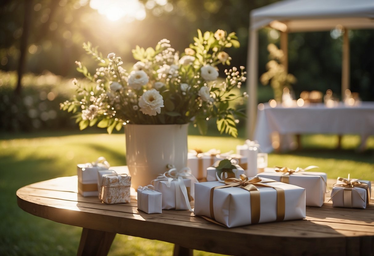 A table adorned with small, handmade wedding favors sits under a canopy in a lush garden. The sun shines down, casting a warm glow on the thoughtful gifts