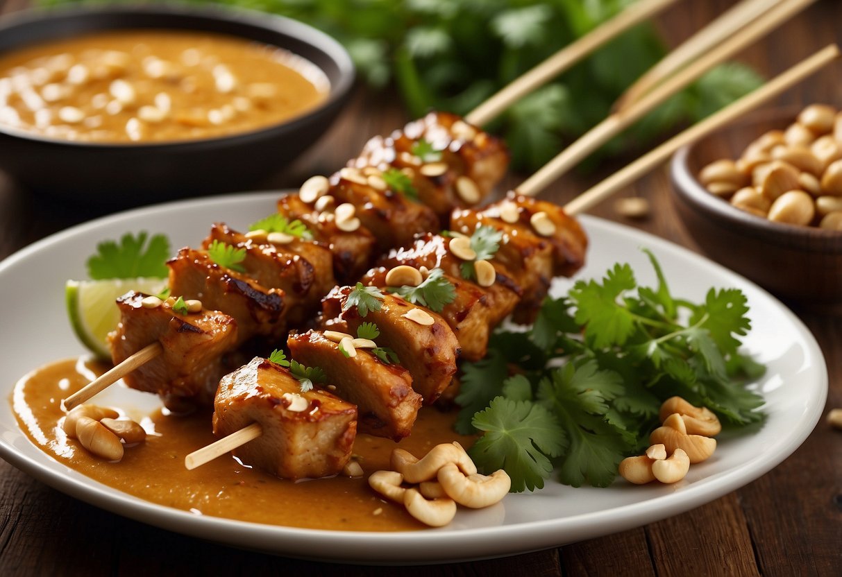 Skewered chicken satay arranged on a platter with peanut sauce and garnished with chopped peanuts and cilantro