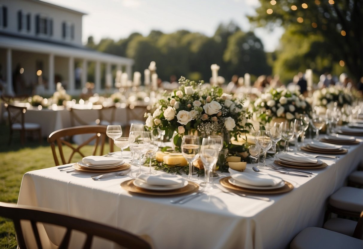 A beautiful outdoor wedding setting with cost-effective catering options, featuring elegant table settings and a variety of affordable food and drink choices