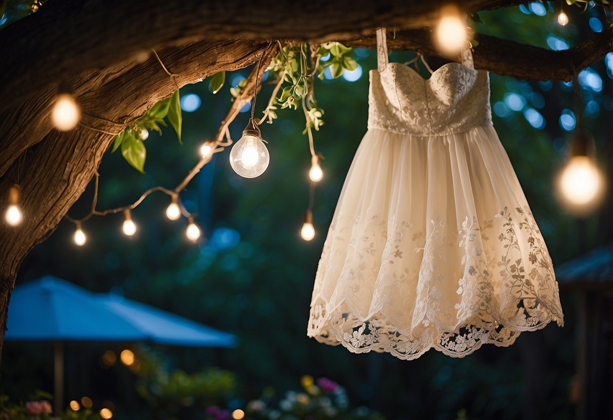 A white lace wedding dress hangs from a tree branch, surrounded by twinkling fairy lights and colorful floral arrangements in a lush backyard setting