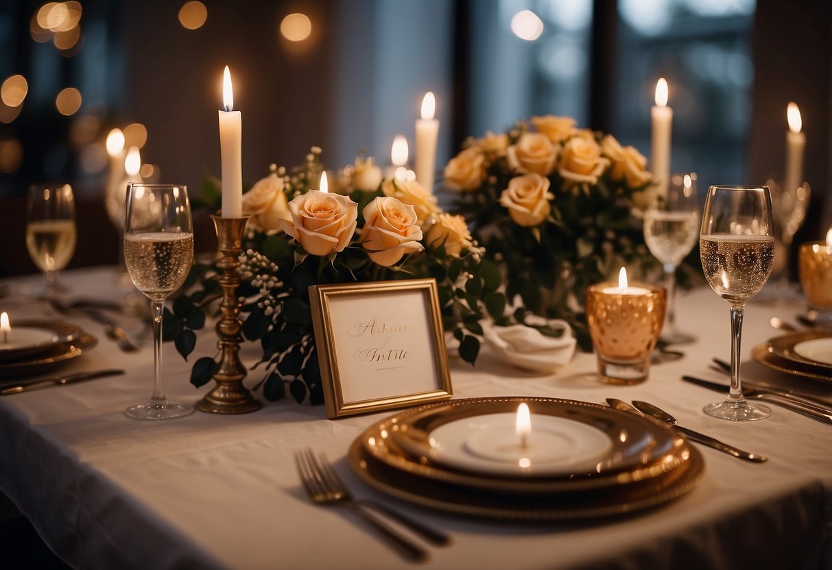 A romantic dinner table set with candles, champagne, and a bouquet of roses. A framed wedding photo and a handwritten love note sit on the table