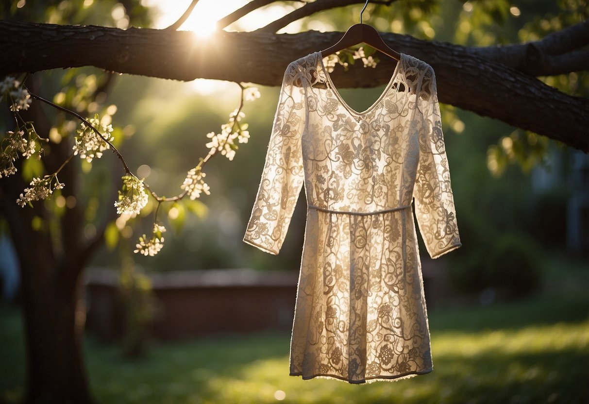 A vintage lace A-line dress hangs from a tree branch in a sunlit backyard, surrounded by wildflowers and twinkling string lights