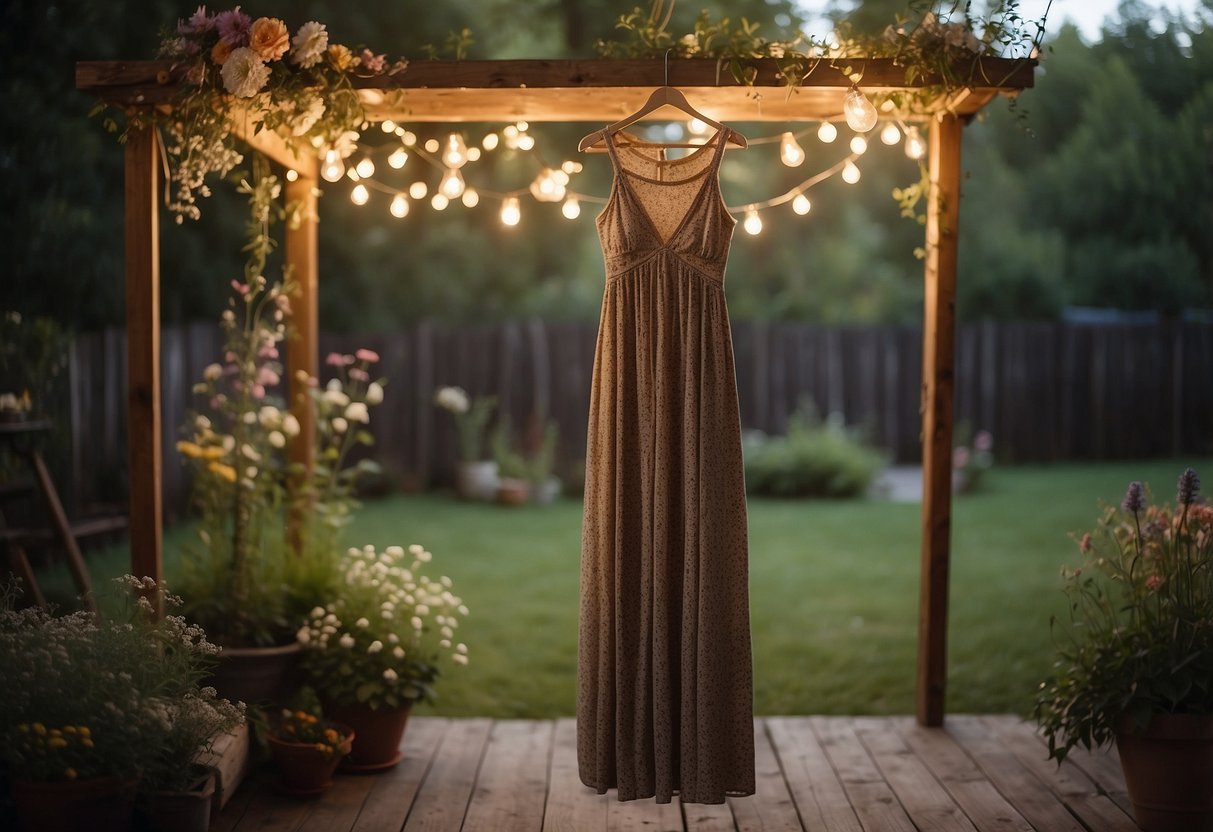 A bohemian chic maxi dress hangs on a rustic wooden hanger, surrounded by wildflowers and twinkling string lights in a cozy backyard setting