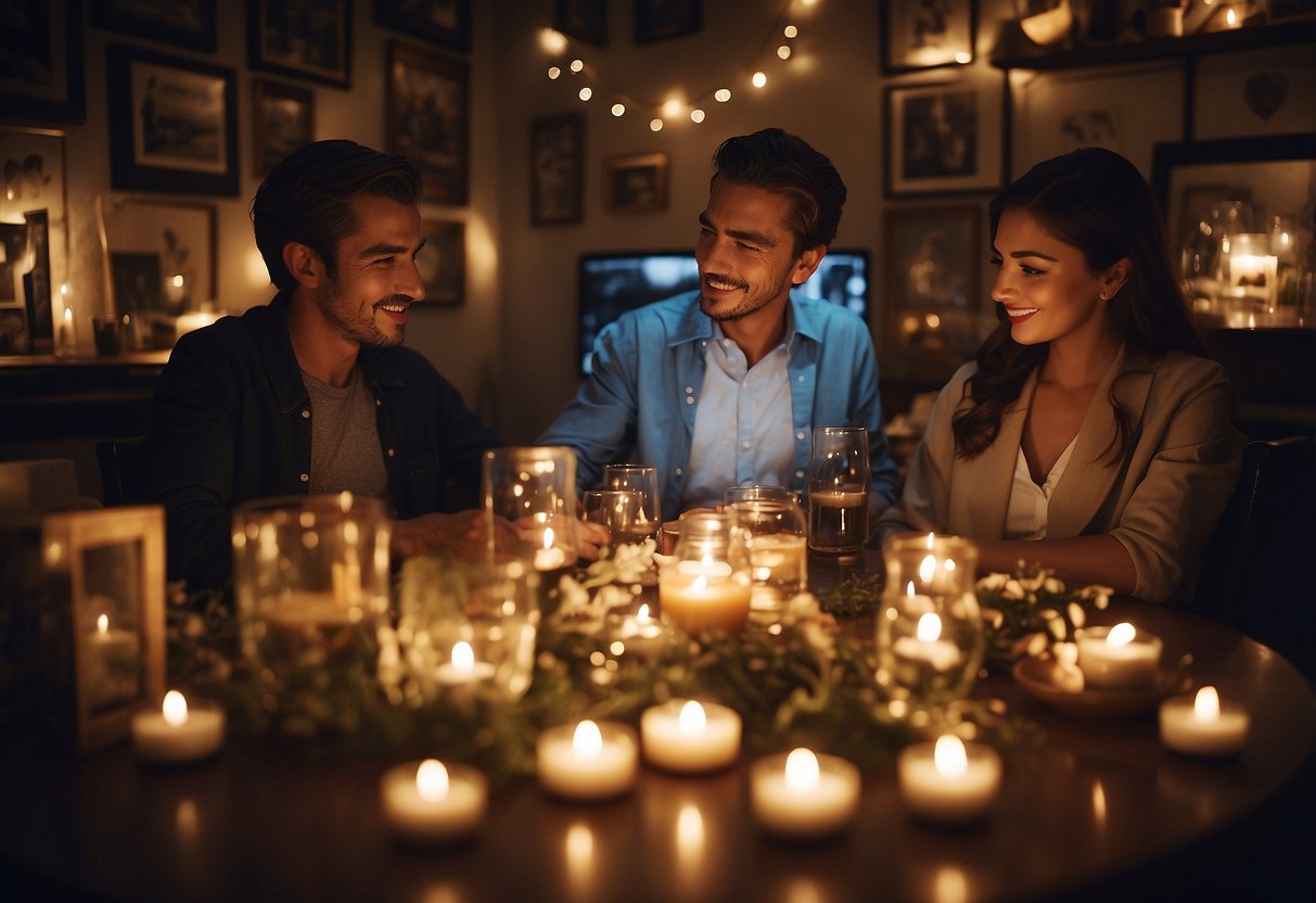 A couple sits at a candlelit table, surrounded by photos and mementos from their first date. The room is filled with love and nostalgia as they reminisce about their early days together