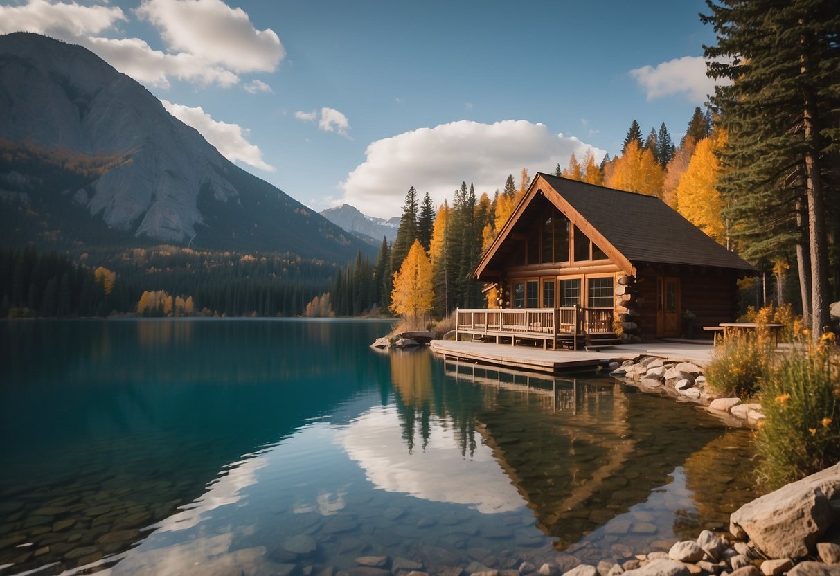 A cozy cabin nestled in the mountains, with a crackling fireplace and a hot tub on the deck. Surrounding trees are changing colors, and a serene lake is nearby