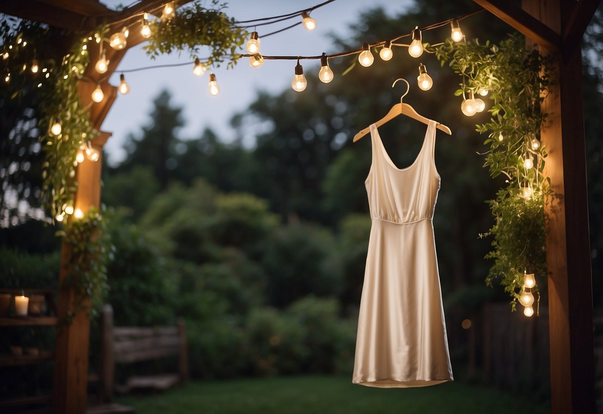 A simple slip dress with pearl details hangs on a rustic wooden hanger, surrounded by lush greenery and twinkling string lights in a backyard setting