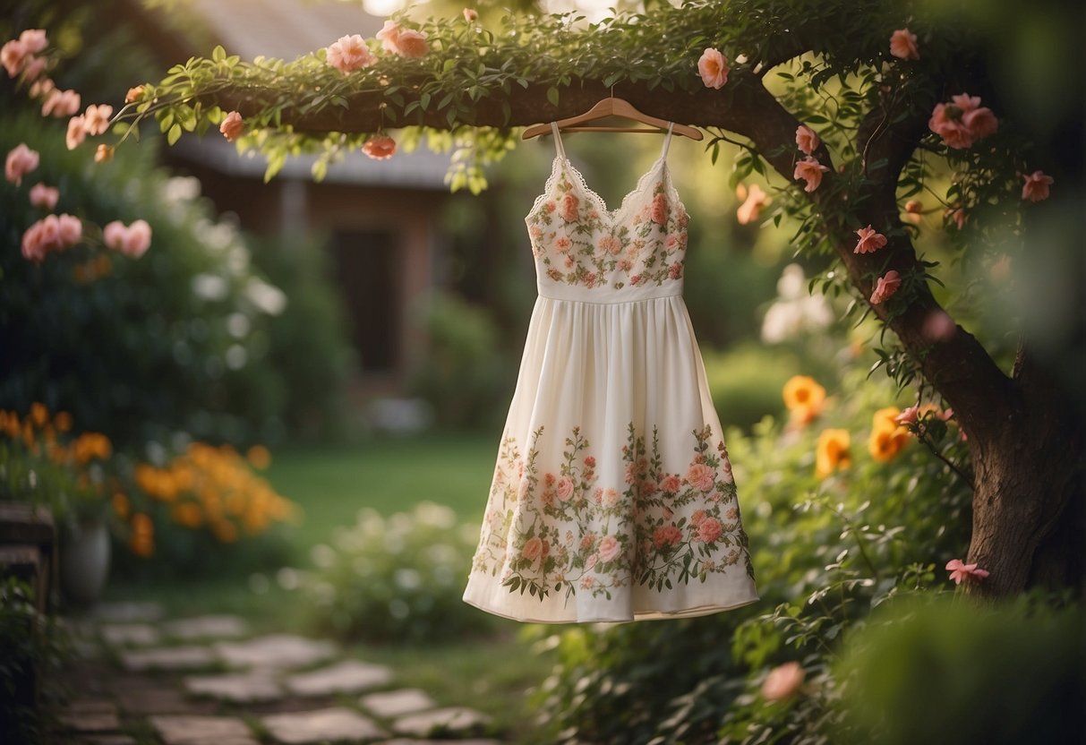 A tea-length dress with floral embroidery hangs on a rustic wooden hanger in a lush backyard setting, surrounded by blooming flowers and greenery