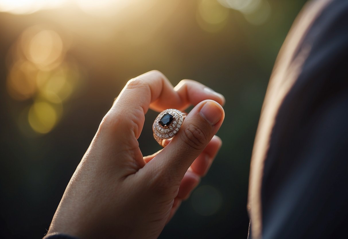 A hand reaching for a ring, pondering its placement on the left ring finger