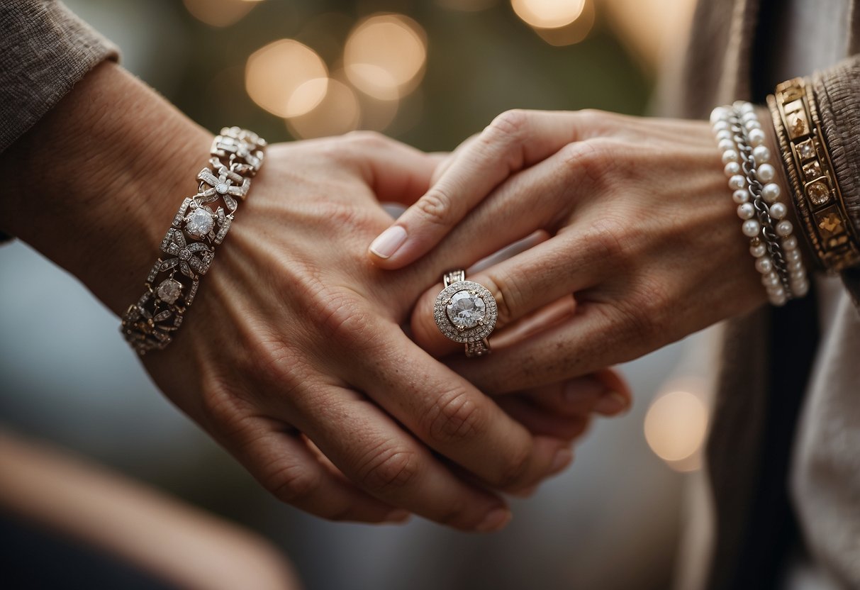 A couple's hands exchanging personalized jewelry, surrounded by symbols of love and commitment for their 35th wedding anniversary