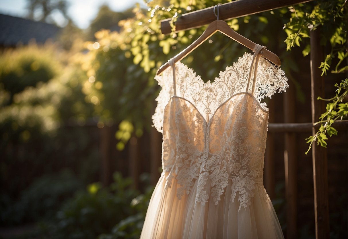 A rustic tulle skirt with a lace bodice wedding dress hangs on a vintage wooden hanger in a sunlit backyard garden