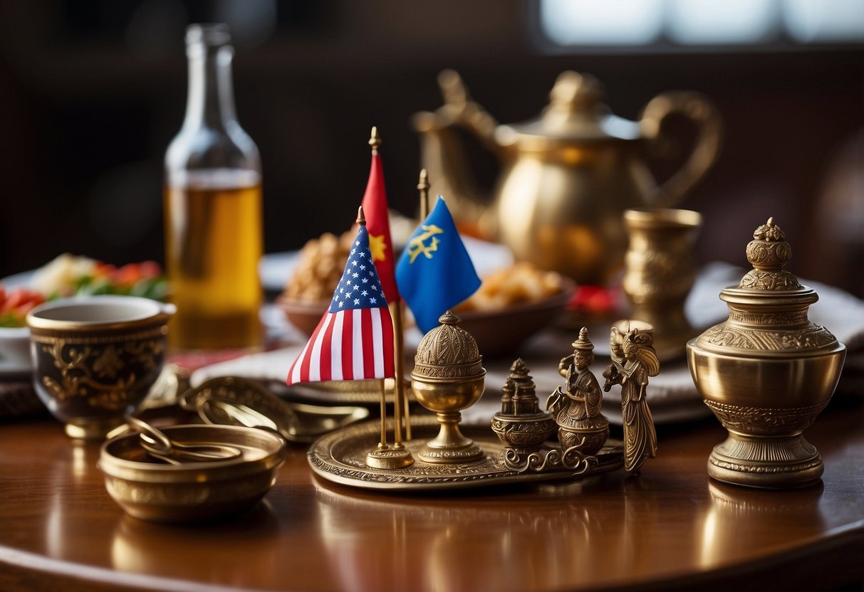 A table with various cultural symbols and objects representing different countries' etiquette