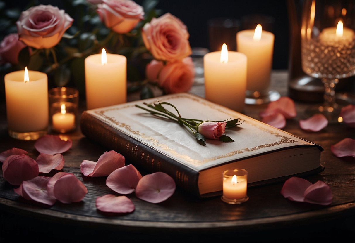 A table set with a vintage photo album, surrounded by scattered rose petals and lit by soft candlelight