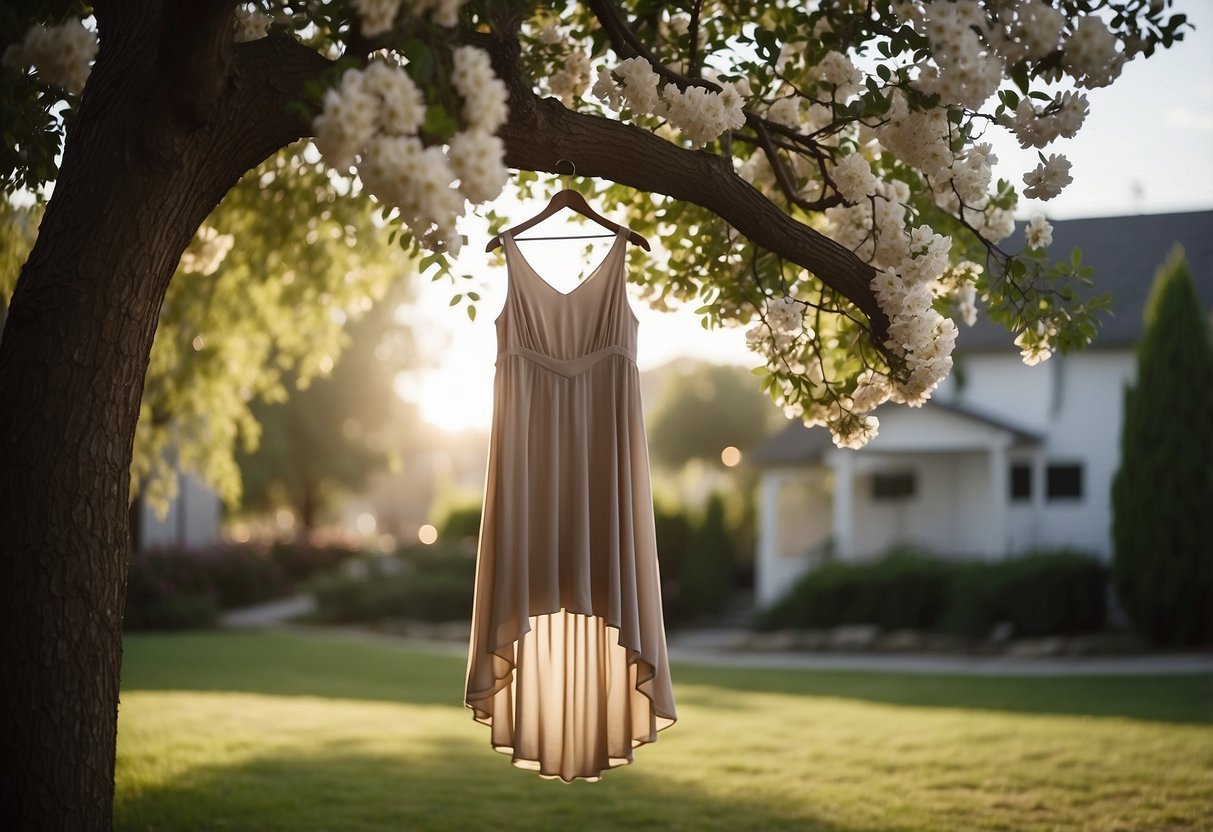 An elegant high-low hem dress hangs from a tree branch in a backyard setting, surrounded by blooming flowers and twinkling string lights