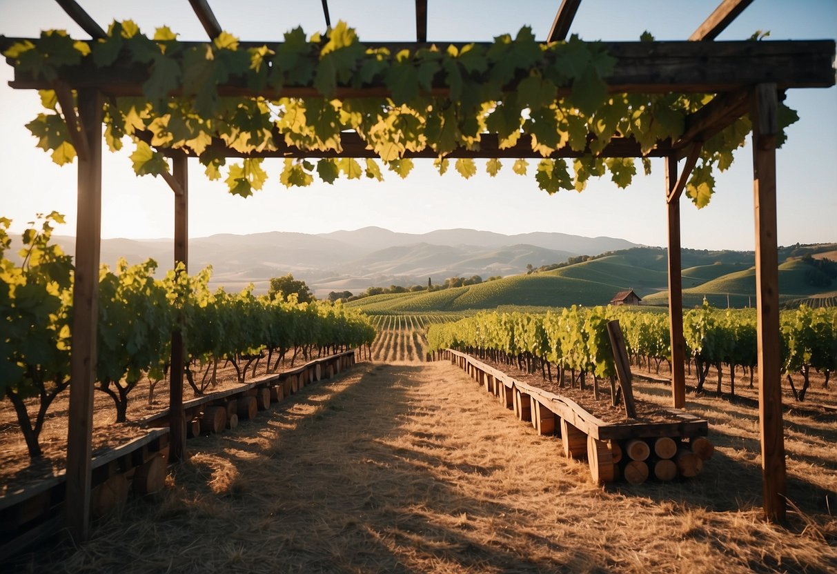 A rustic vineyard with rows of grapevines, a wooden tasting table, and a picturesque view of rolling hills