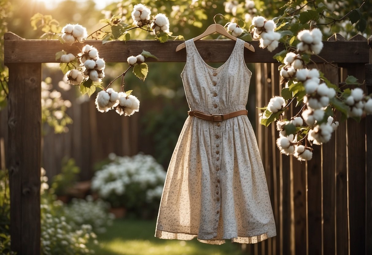 A cotton sundress with a belt hangs on a rustic wooden fence in a backyard garden, surrounded by blooming flowers and dappled sunlight