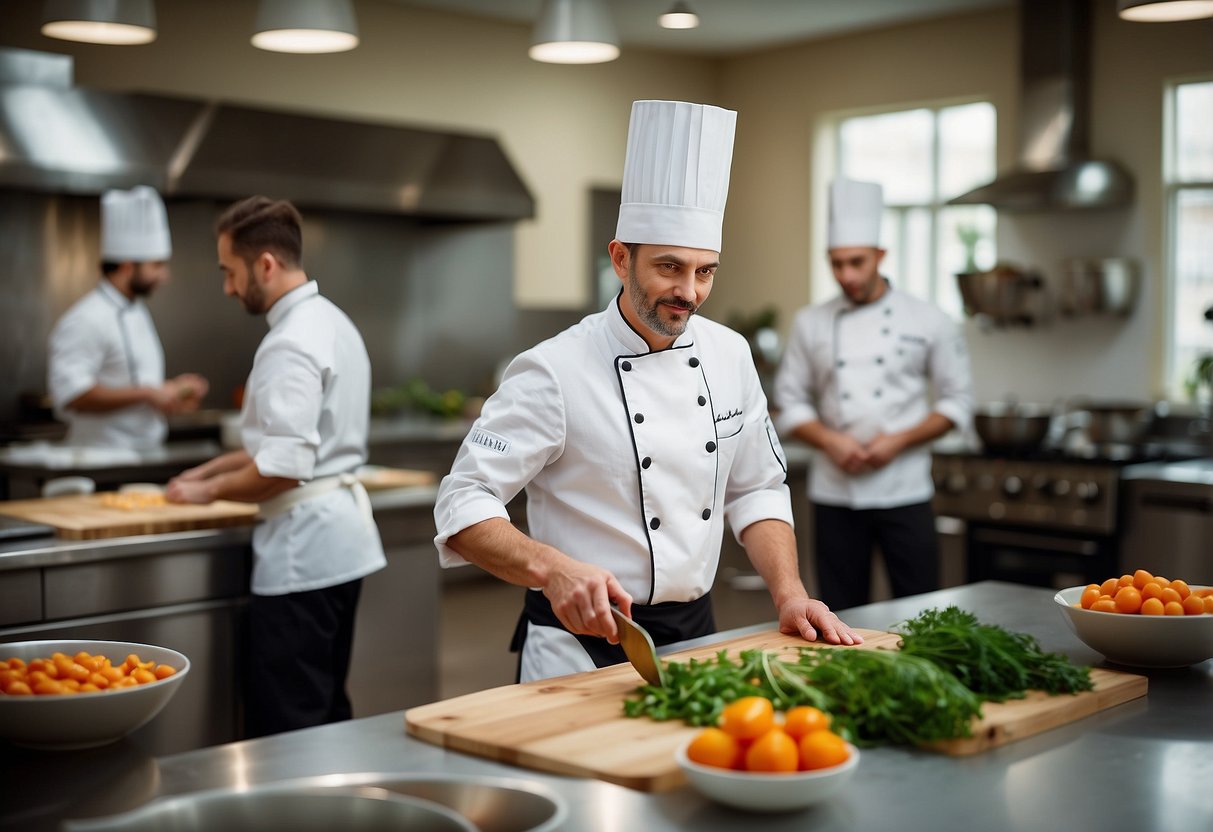 A chef instructs a class in a bright, spacious kitchen. Tables are set with ingredients and utensils for a cooking class