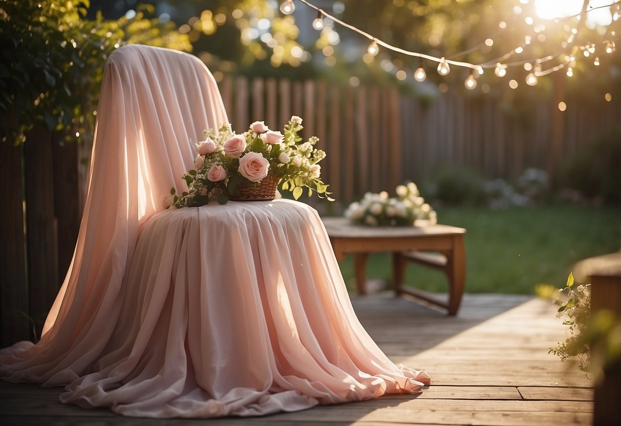 A blush pink ball gown drapes over a rustic wooden chair in a sunlit backyard, surrounded by blooming flowers and twinkling fairy lights