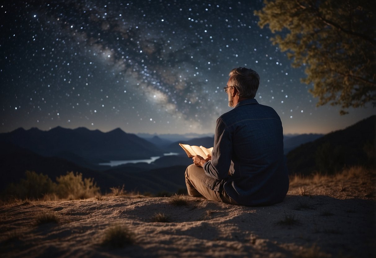 A couple sits under a starry night sky, pointing to a custom star map. The map depicts the alignment of stars on their wedding night 35 years ago