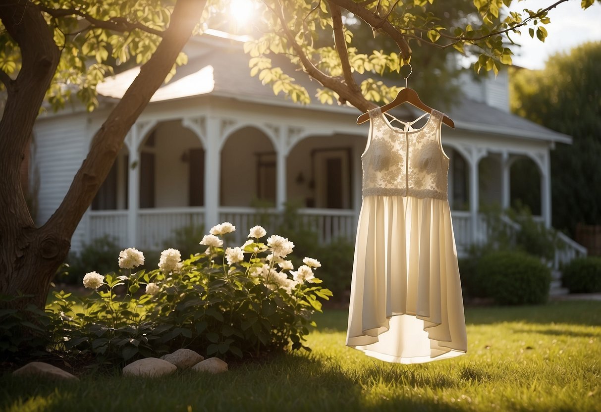 A sun-drenched backyard with a white gazebo adorned with flowers. A gentle breeze rustles the leaves as a classic satin A-line dress hangs from a tree branch