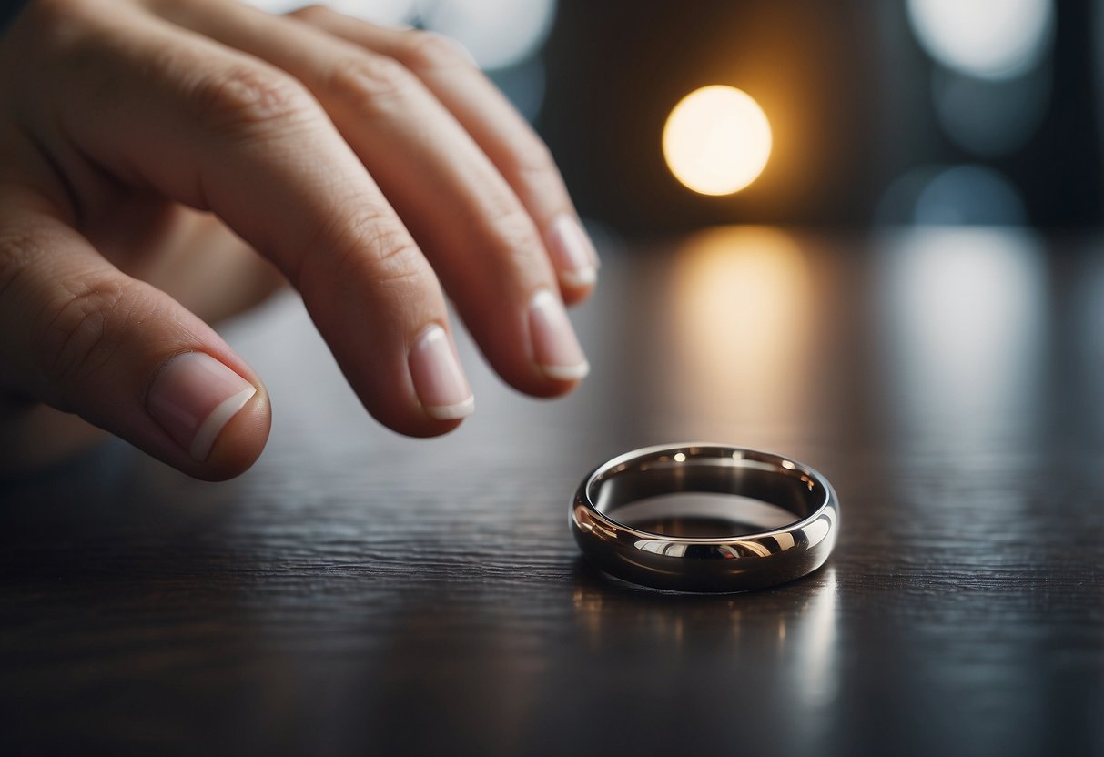 A hand reaching for a ring on a table, with a question mark hovering above it