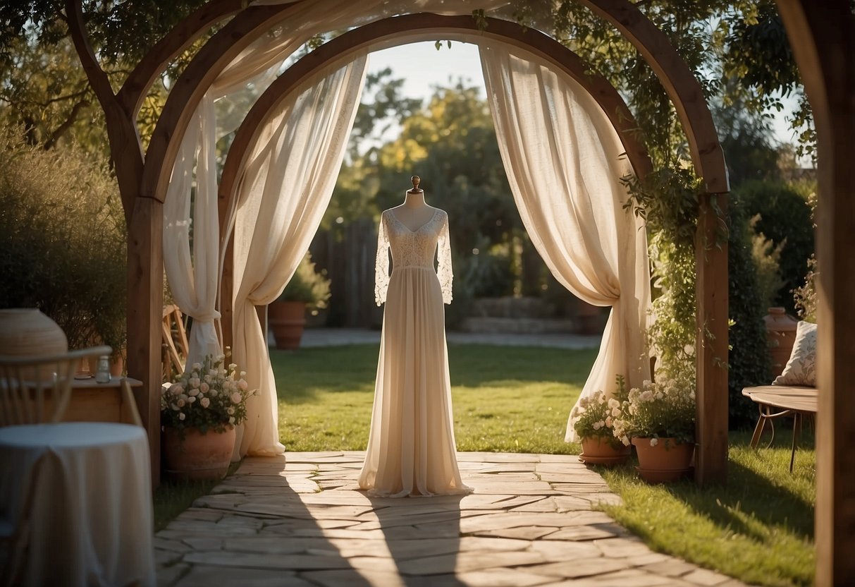 A sunny backyard with a rustic wooden arch adorned with flowing fabric. A table displays swatches of lace, chiffon, and silk, while a dress form showcases a flowing gown design