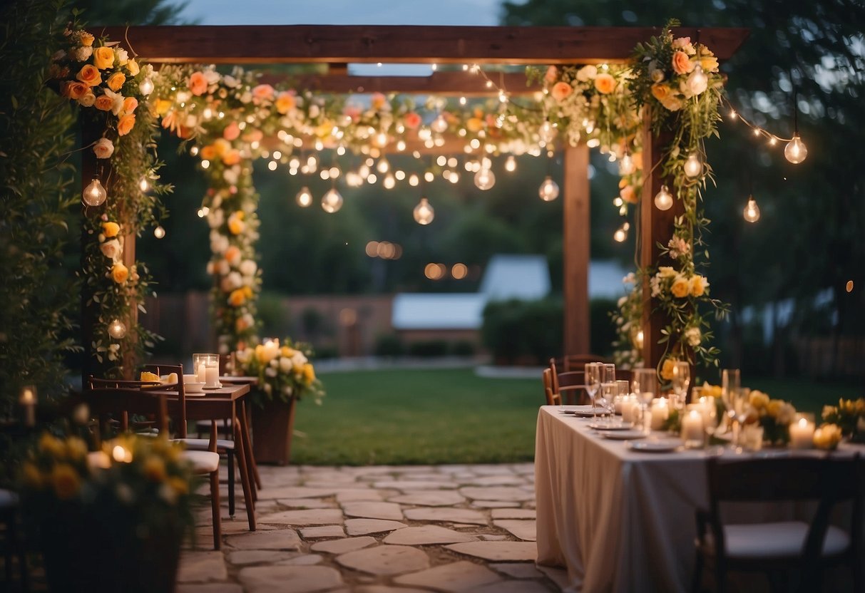 A backyard wedding scene with colorful floral decorations, flowing fabric drapes, and twinkling string lights creating a romantic and intimate atmosphere