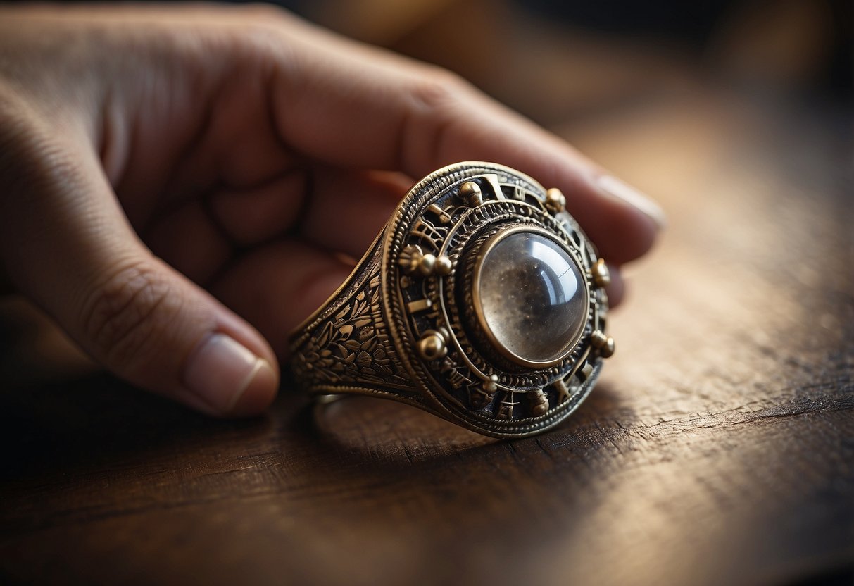 A left ring finger with no ring, surrounded by historical artifacts