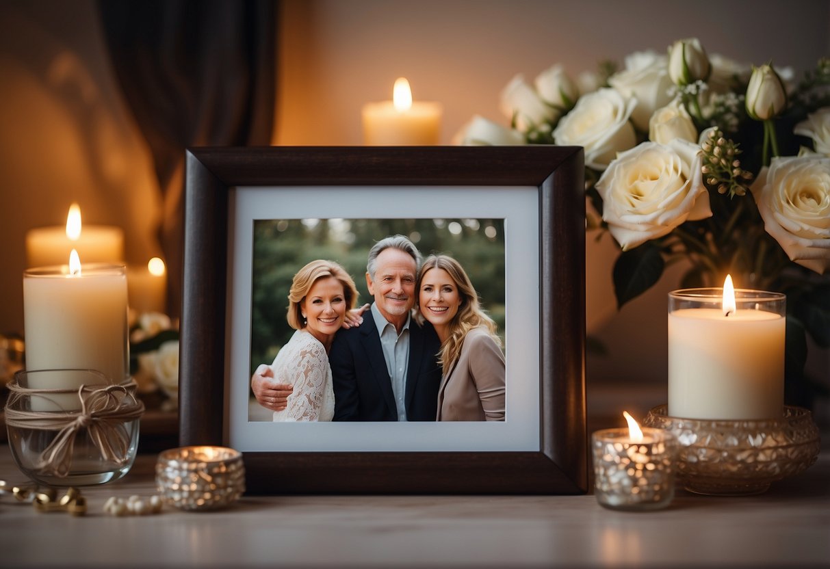 A digital frame sits on a mantle, displaying photos of a couple's 35th wedding anniversary. The frame is surrounded by flowers and candles, creating a warm and celebratory atmosphere