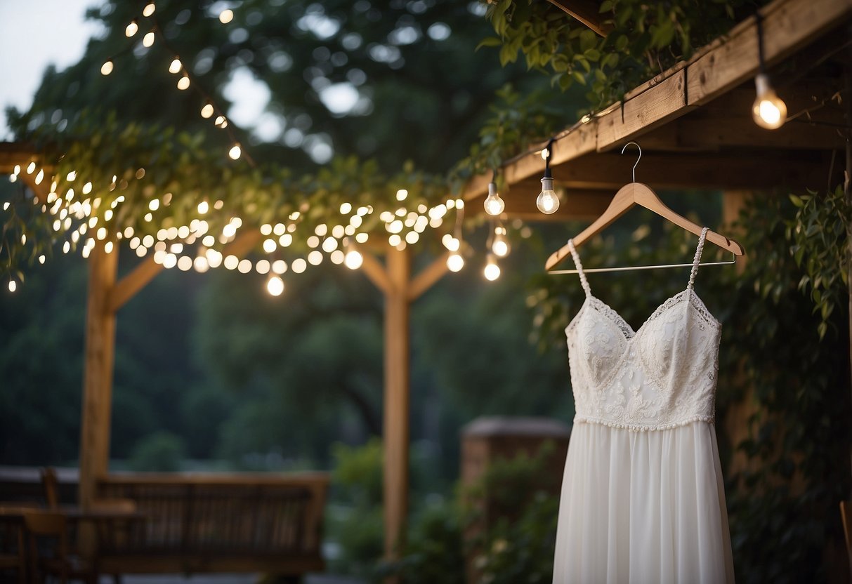 A flowing white dress hangs on a rustic wooden hanger, surrounded by twinkling string lights and lush greenery in a backyard wedding venue