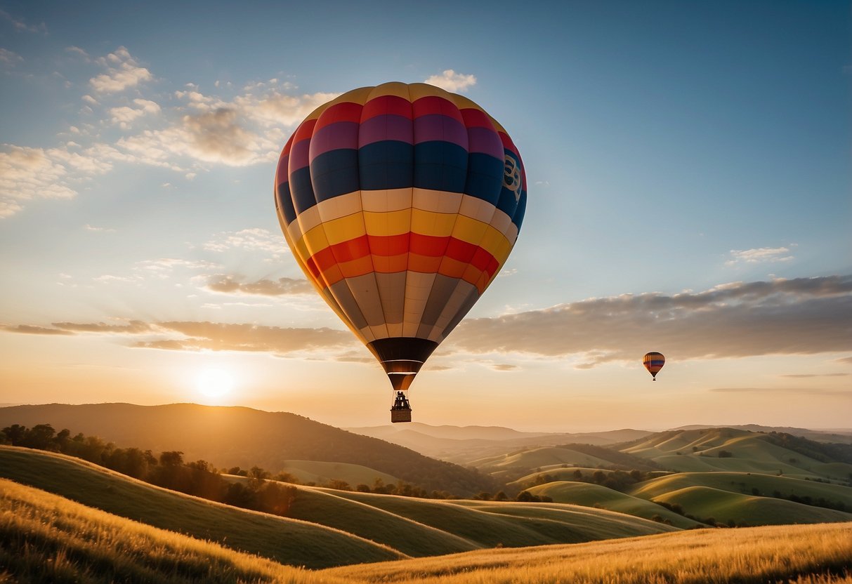 A colorful hot air balloon floats over rolling hills at sunset, with a "35th anniversary" banner fluttering in the breeze