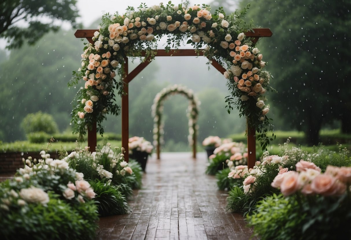 A wedding arch adorned with glistening raindrops, surrounded by lush greenery and delicate flowers, as the rain softly falls on the serene outdoor setting