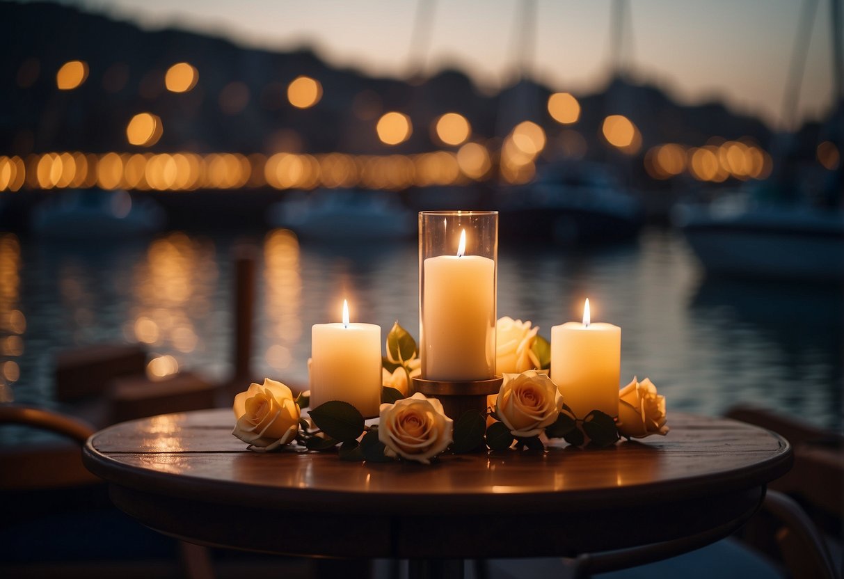 A candlelit table on a boat deck, surrounded by calm waters and twinkling city lights. A gentle breeze carries the scent of roses as the sun sets on the horizon