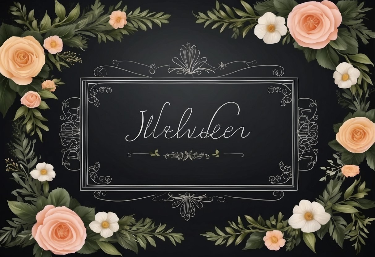 A chalkboard with elegant wedding script and floral designs