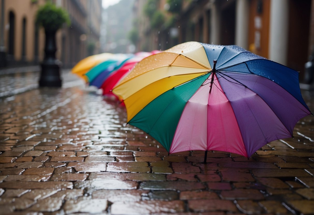 Colorful umbrellas arranged around a wet cobblestone courtyard, each one personalized with the names of the bride and groom, as raindrops fall gently from the overcast sky