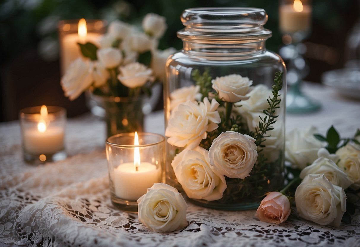 A glass jar filled with handwritten notes and mementos, surrounded by flowers and candles on a lace tablecloth