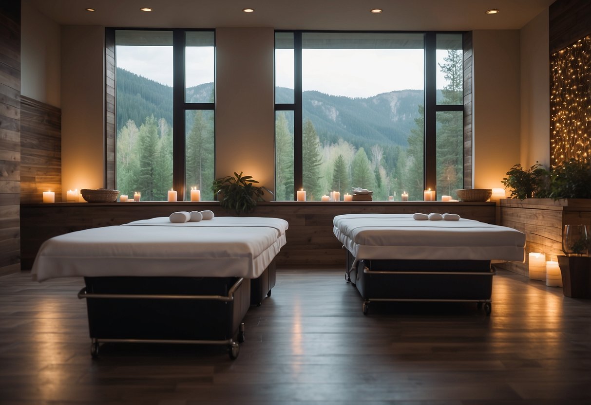 A serene spa room with two massage tables, soft ambient lighting, and soothing music. Aromatherapy scents fill the air, and a bubbling hot tub awaits in the corner