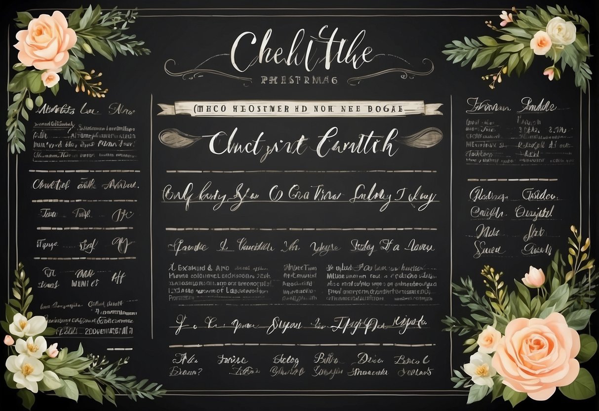 A wedding chalkboard timeline with romantic milestones and dates, surrounded by floral decorations and elegant calligraphy